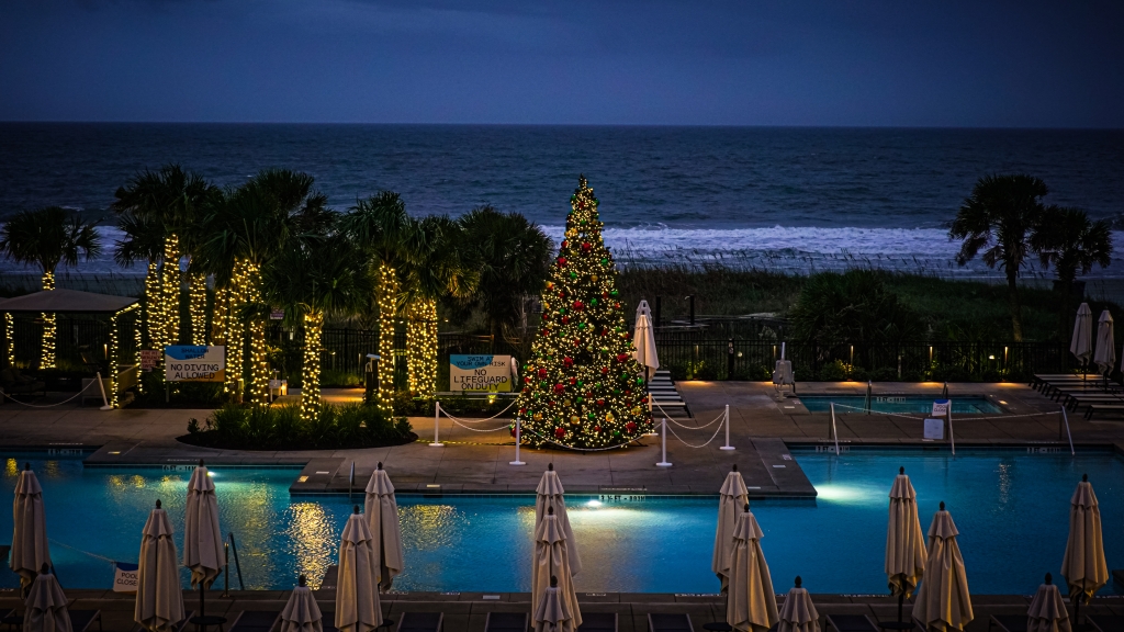 Currents Seaside Entertainment Christmas tree lit up at night