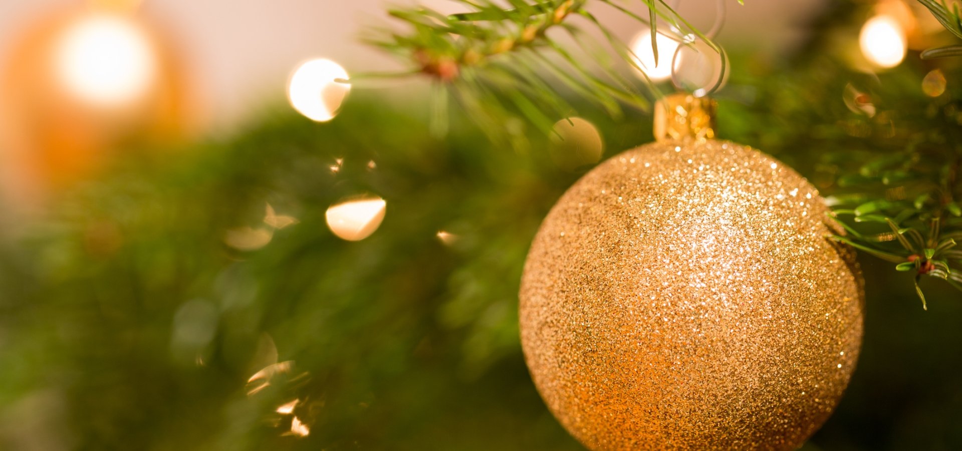 A glittery gold Christmas ornament hanging on a Christmas tree branch