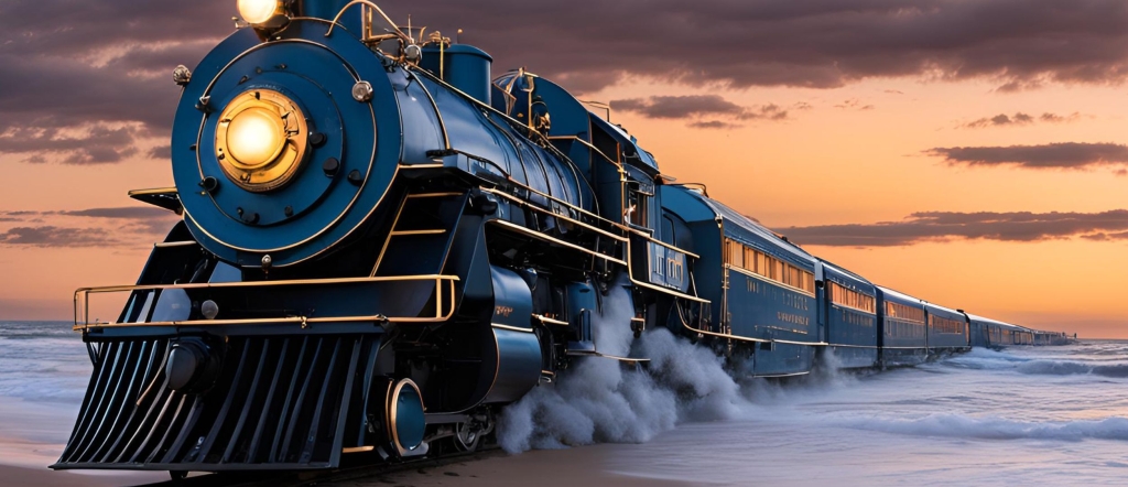 Polar express inspired train on the beach at night