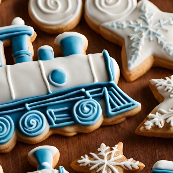 Sugar Cookies cutout to look like trains and snowflakes